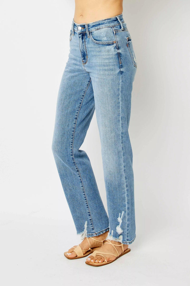 Denim - Judy Blue Full Size High Waist Straight Jeans with Heavy Destroy - - Cultured Cloths Apparel