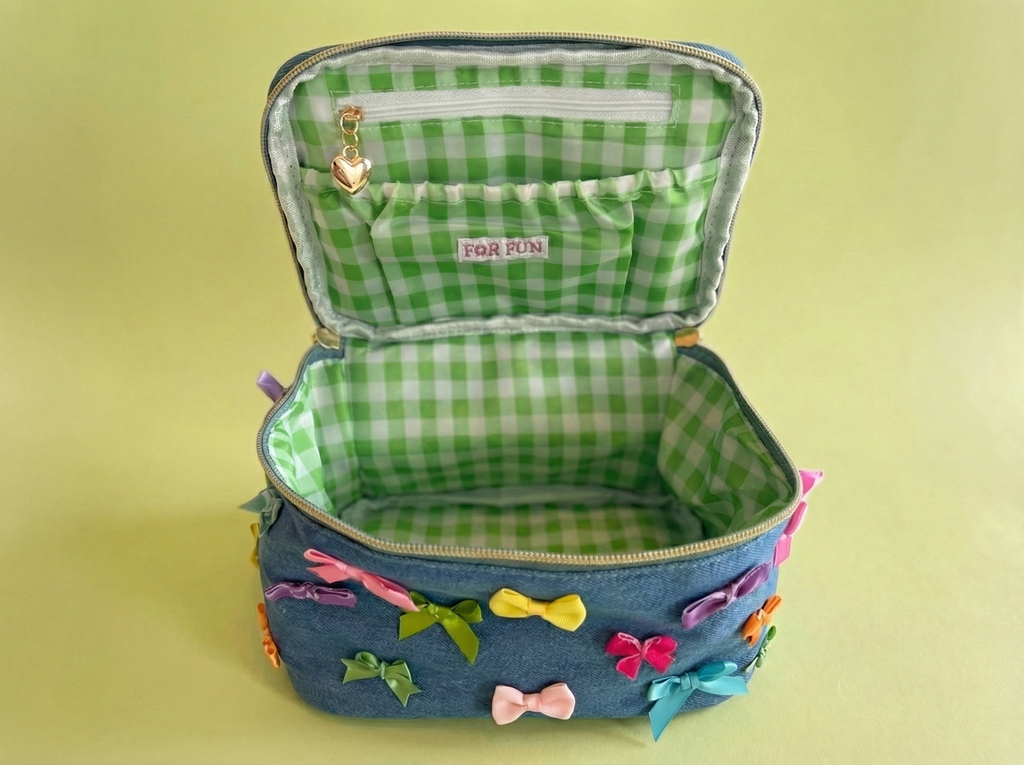Travel Cosmetic Case / Train Case - Denim + Bows - Bella