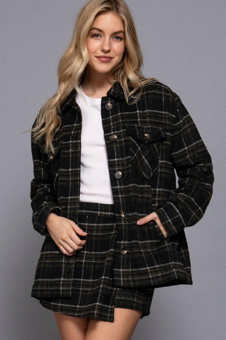 Outerwear - Long Sleeve Inside Faux Fur Brushed Plaid Jacket - BLACK/OLIVE - Cultured Cloths Apparel
