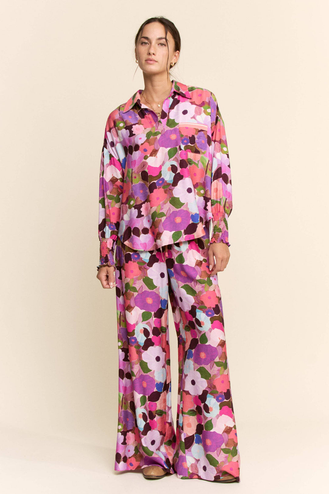 Pants - BERRY FLORAL PRINT WIDE-LEG PANTS WITH DRAWSTRING WAIST - - Cultured Cloths Apparel