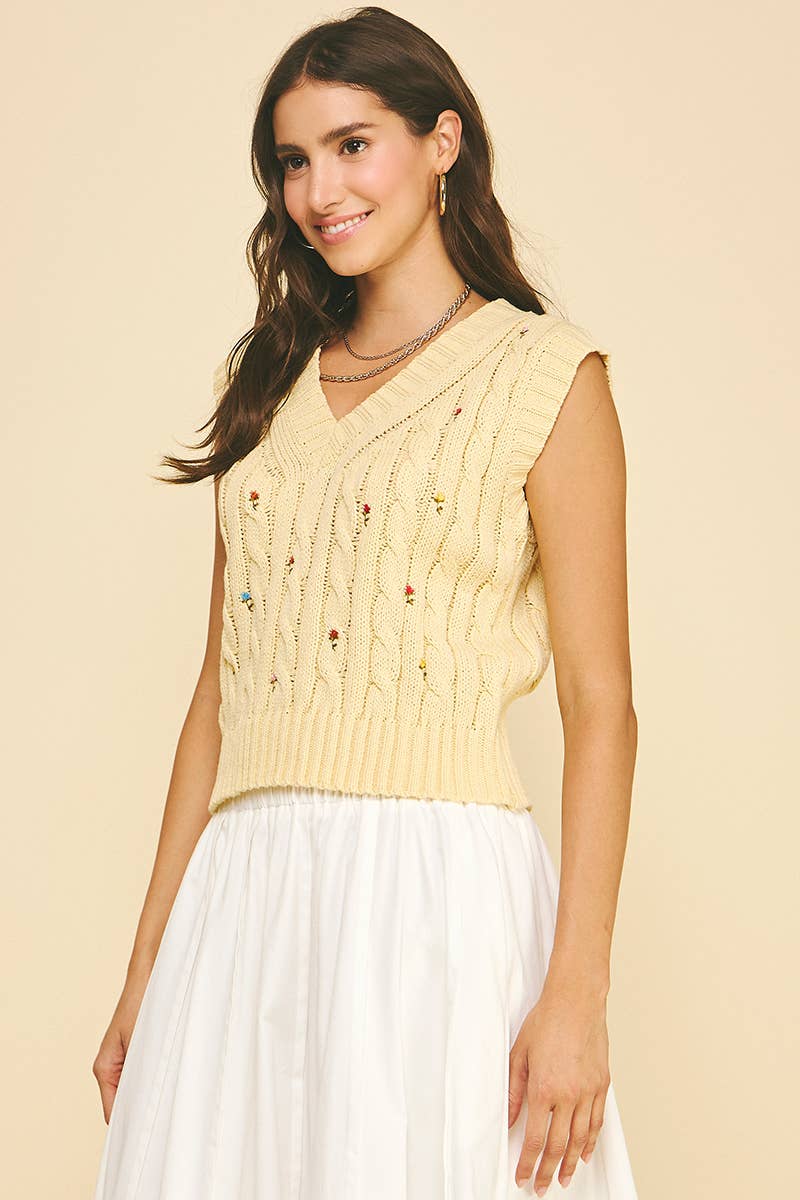 Women's Sleeveless - FLORAL EMBROIDERED CABLE KNIT SWEATER VEST - - Cultured Cloths Apparel
