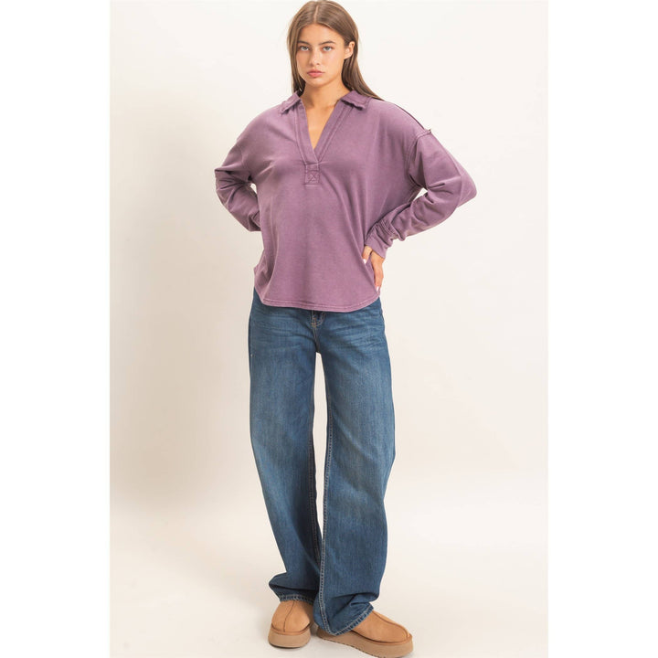 Mineral Washed Polo Collar Long Sleeve Top