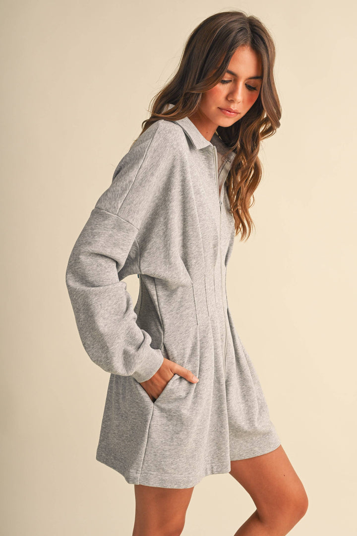 PLEATED WAIST LONG SLEEVE SHIRT COLLAR ROMPER