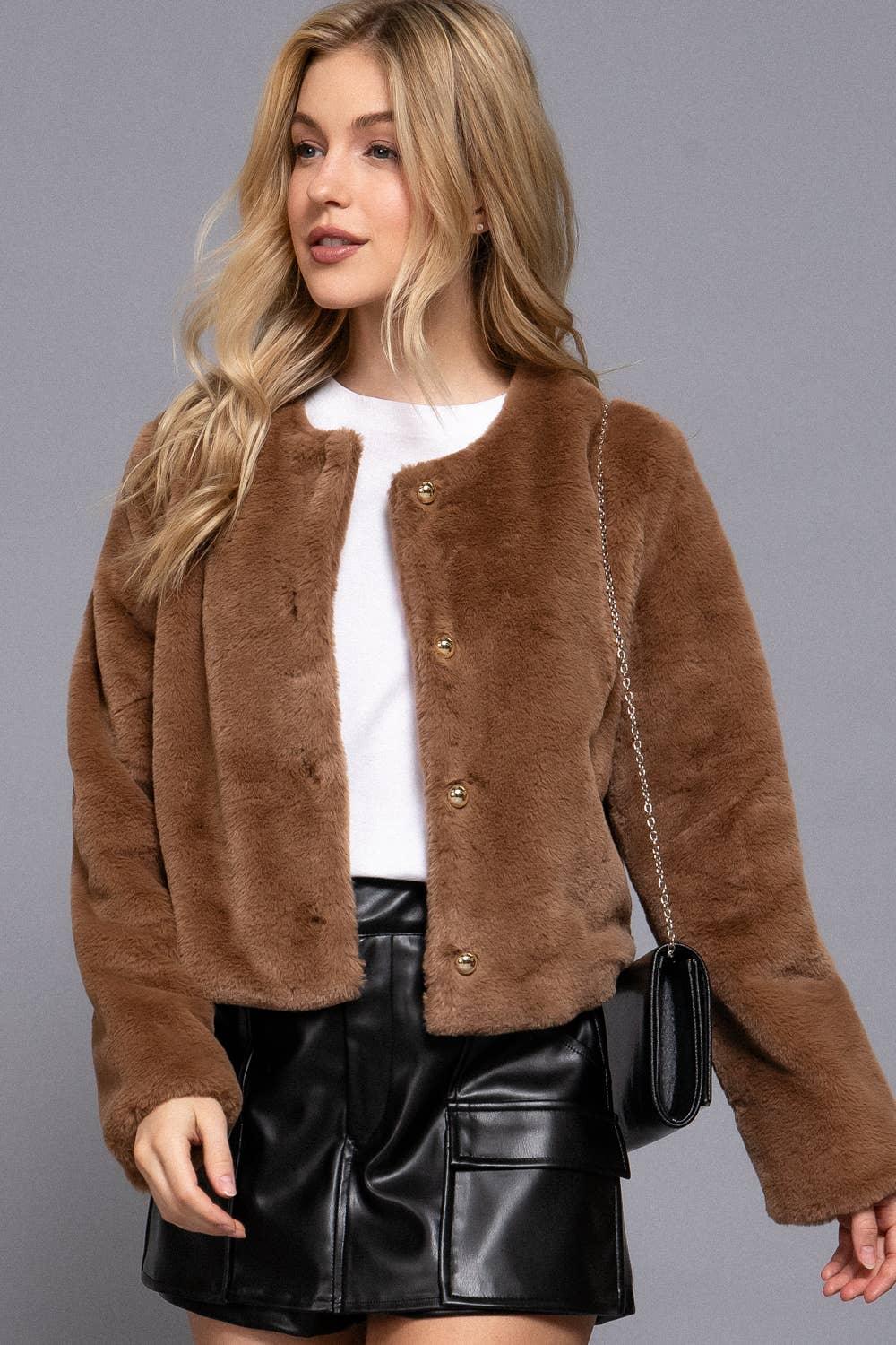 Outerwear - Long Sleeve Round Neck Faux Fur Crop Length Blazer - - Cultured Cloths Apparel
