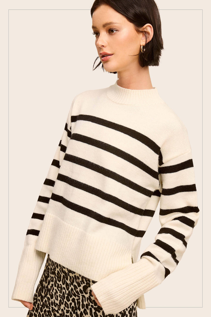 Striped Mock Neck Dolman Sleeve Loose Fit Sweater