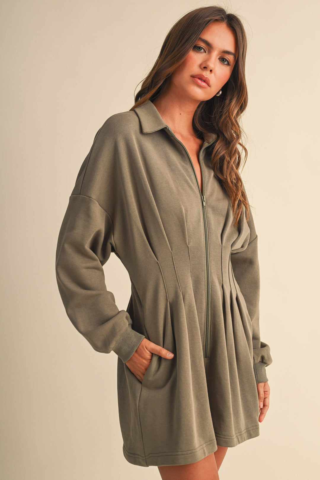 PLEATED WAIST LONG SLEEVE SHIRT COLLAR ROMPER