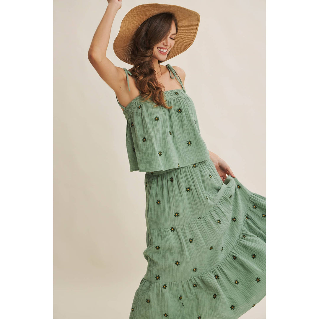 Women's Skirts - SUNSET FIELD EMBROIDERED COTTON GAUZE SMOCKED MIDI SKIRTS - - Cultured Cloths Apparel