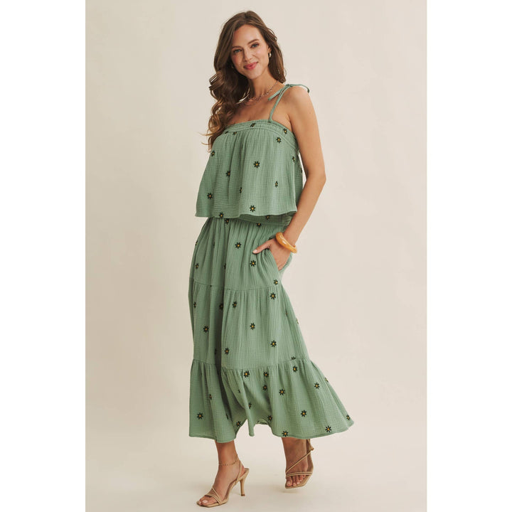 Women's Skirts - SUNSET FIELD EMBROIDERED COTTON GAUZE SMOCKED MIDI SKIRTS - - Cultured Cloths Apparel