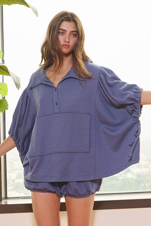 Women's Short Sleeve - Gray Oversized Drawstring Tie Sleeves Detail Solid Top - - Cultured Cloths Apparel