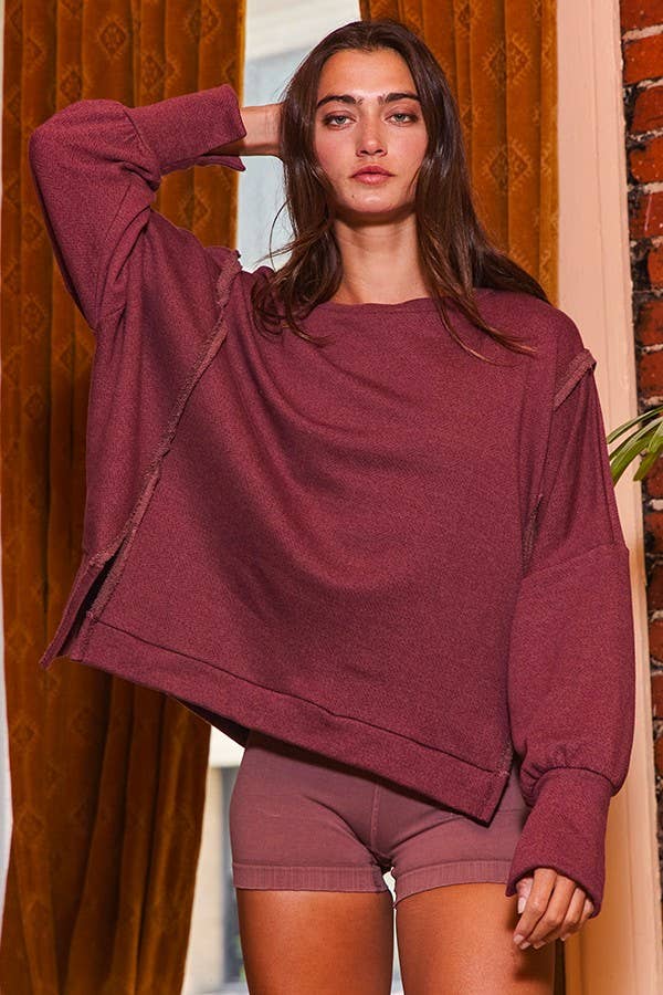 T2369 Raw Edge Detail Hi-Low Hem Solid Terry Top