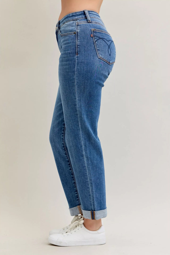 Denim - Judy Blue Full Size Mid Rise BF Classic Cuffed Jeans Plus Size - - Cultured Cloths Apparel