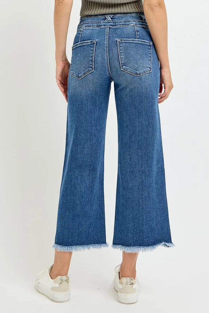 Denim - RISEN High Rise Crop Wide Leg Jeans with Wide Band Detail - - Cultured Cloths Apparel