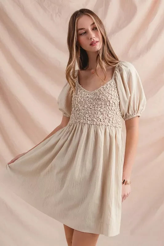 Women's Dresses - SO ME Textured Woven Daily Dress with Puff Sleeves - - Cultured Cloths Apparel