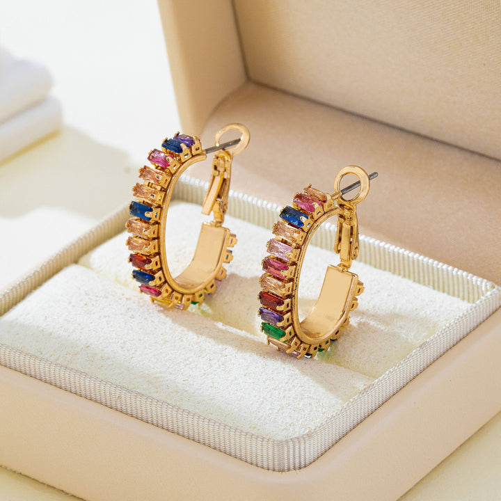 Accessories, Earrings - Multicolor Baguette Crystal Hoop Earrings | 80E62401 - - Cultured Cloths Apparel