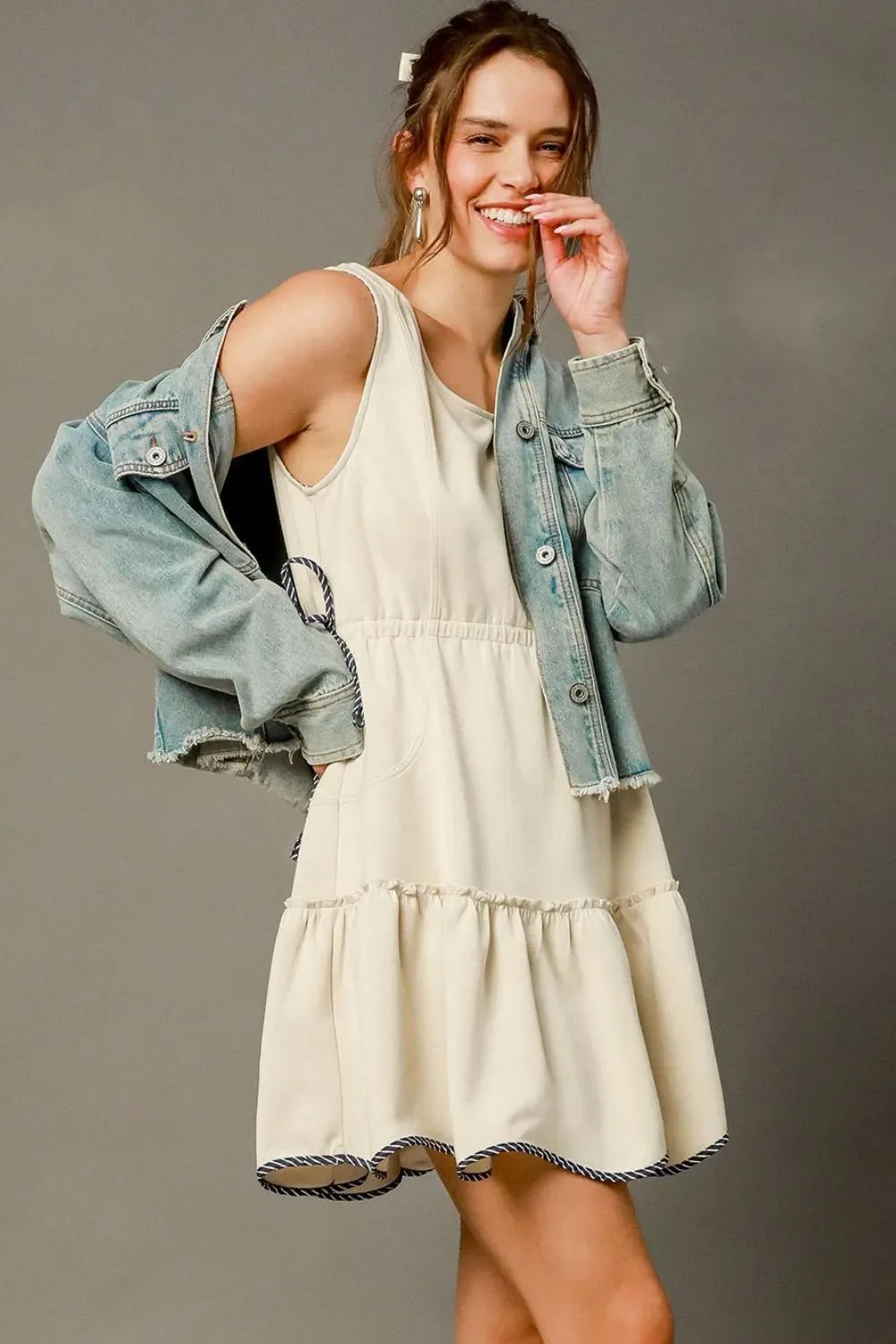 Women's Dresses - Umgee Frill Drawstring Waist Round Neck Mini Tank Dress - Cream - Cultured Cloths Apparel