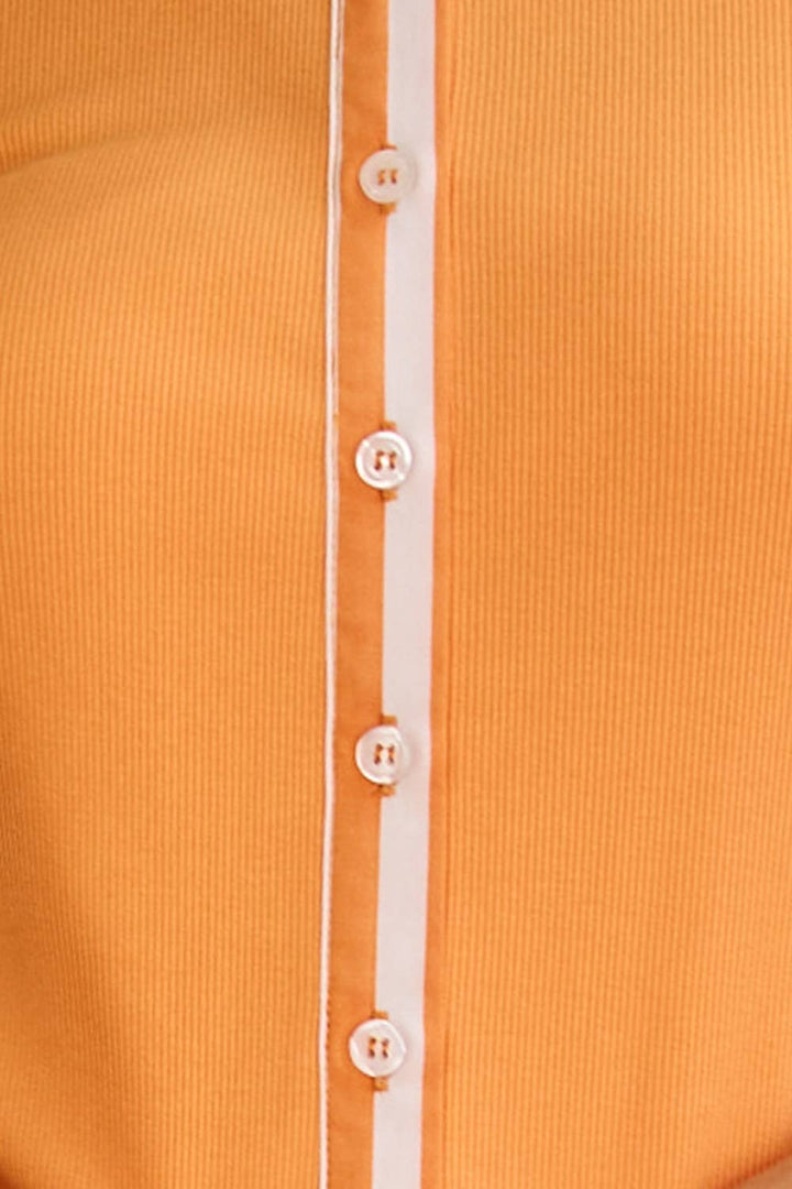 Contrast-Trim Button-Down Ribbed Top