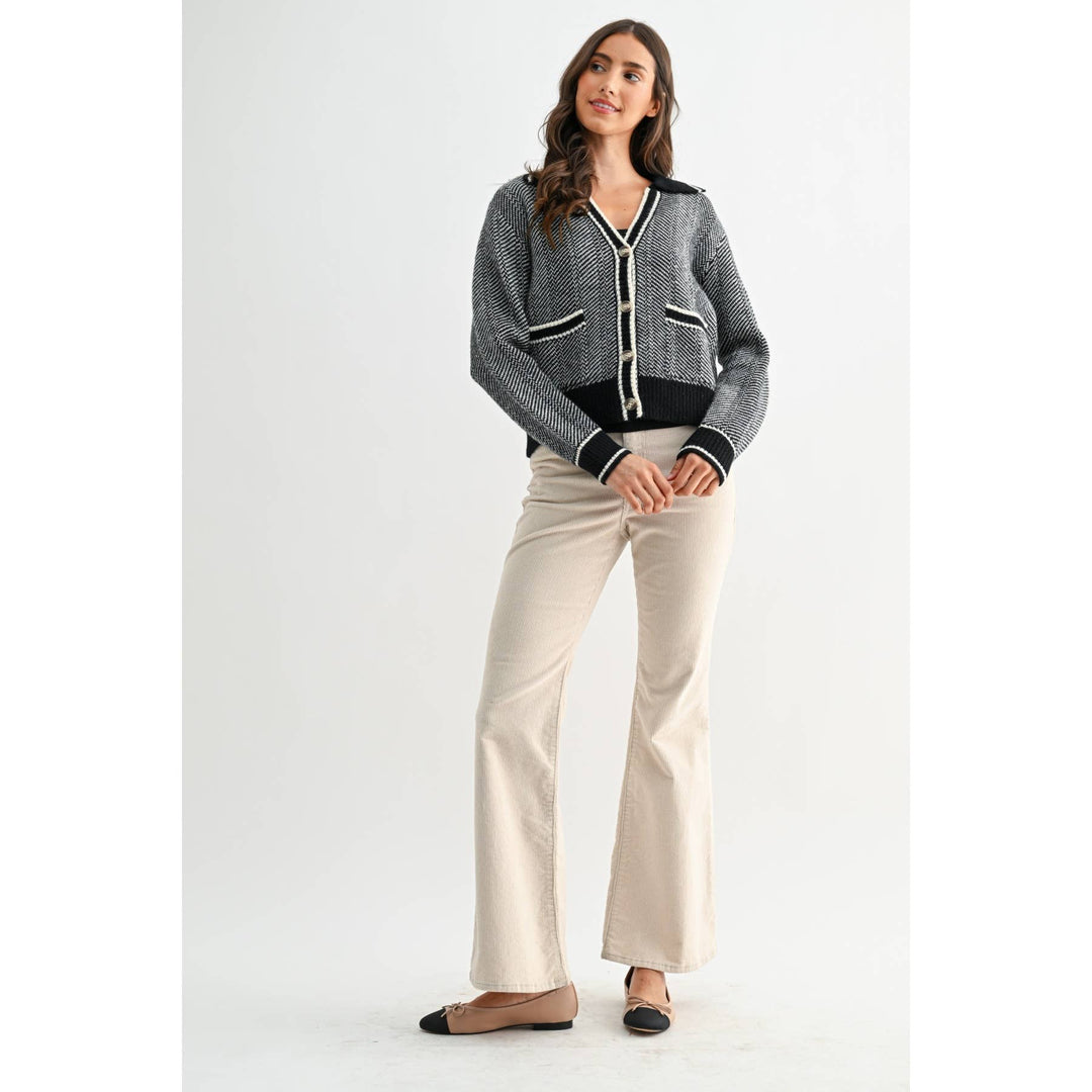 HERRINGBONE KNIT CARDIGAN IN BLACK