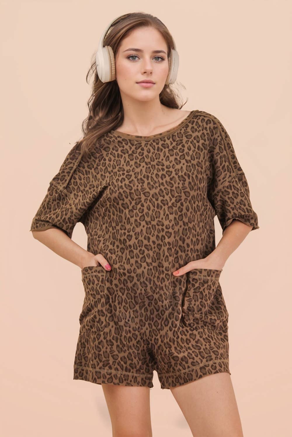 Women's Rompers - Leopard Printed Knit Comfy Romper - - Cultured Cloths Apparel