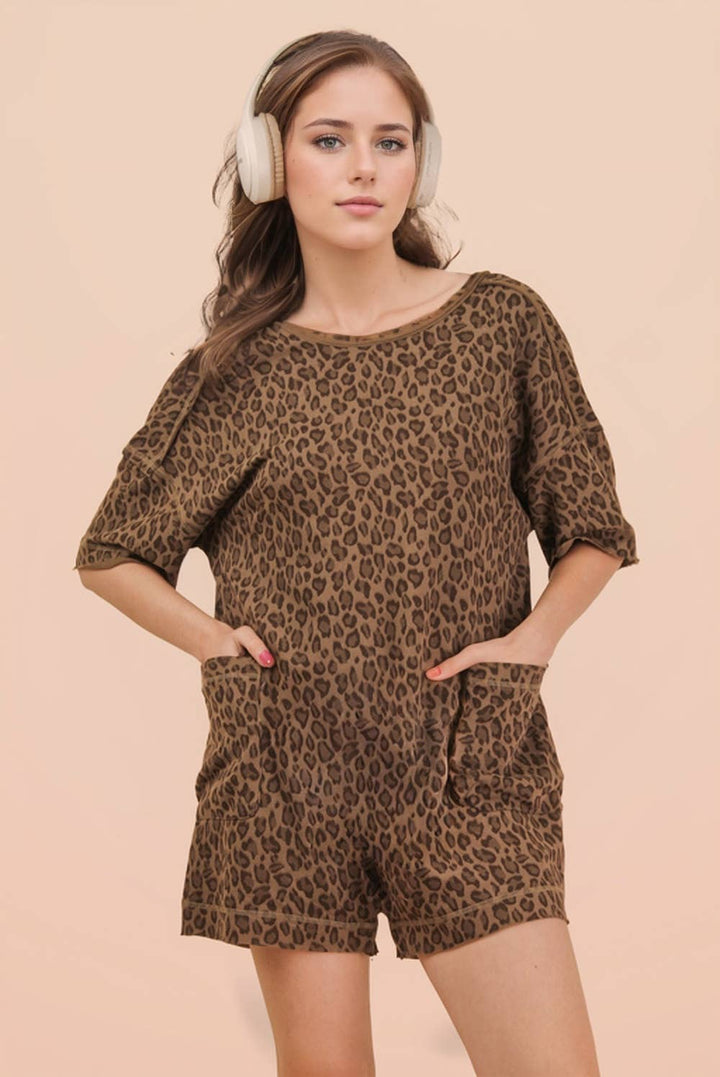 Women's Rompers - Leopard Printed Knit Comfy Romper - - Cultured Cloths Apparel