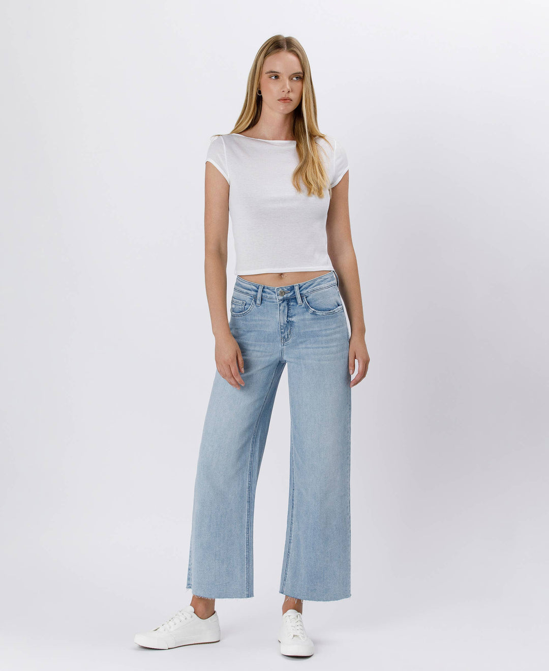 Denim - HIGH RISE LIGHT WASH RAW HEM WIDE LEG JEANS - - Cultured Cloths Apparel