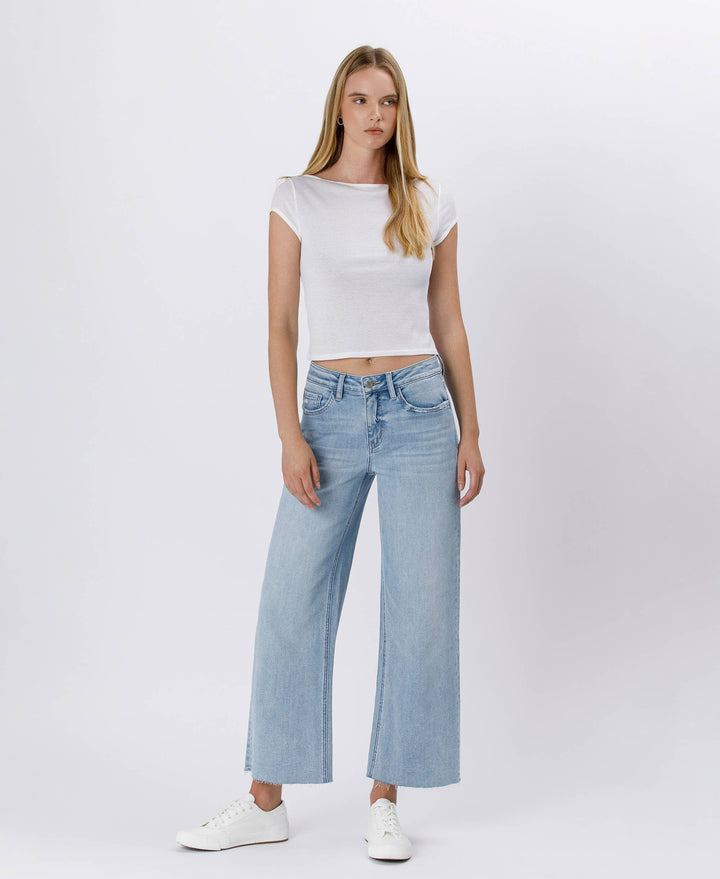 Denim - HIGH RISE LIGHT WASH RAW HEM WIDE LEG JEANS - - Cultured Cloths Apparel