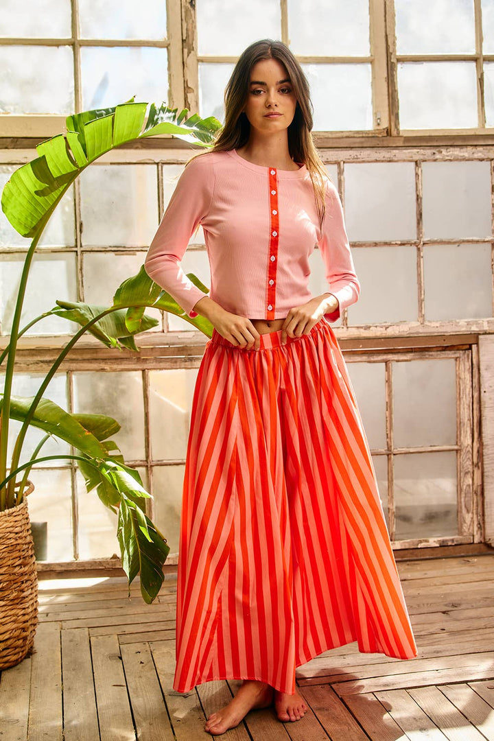 Contrast-Trim Button-Down Ribbed Top