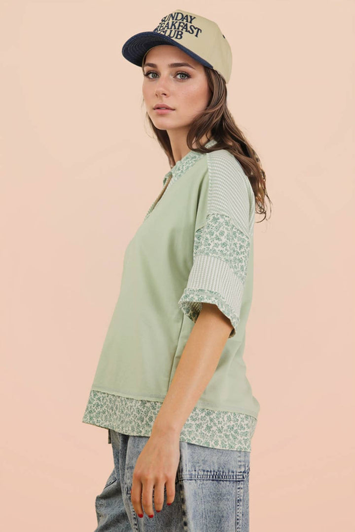 Women's Short Sleeve - Oversized Half Button Down Collared Knit Top - - Cultured Cloths Apparel