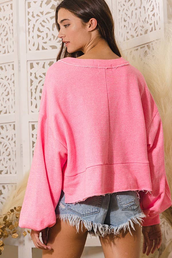 Lantern Sleeve Button-up French Terry Crop Top
