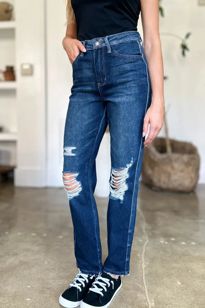 Denim - Judy Blue Full Size High Waist Rigid Magic Heavy Destroy Straight Jeans - - Cultured Cloths Apparel