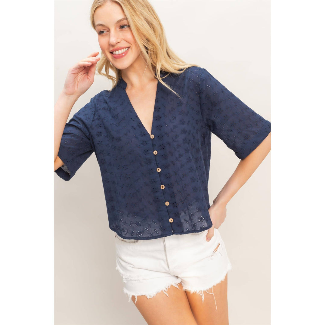 Olive Floral Eyelet Mandarin Collar Top