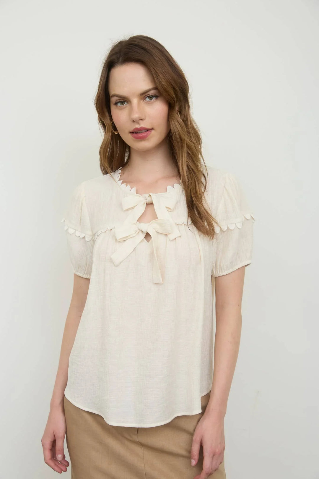 Women's Short Sleeve - SCALLOP TRIM FRONT TIE DETAIL PUFF SLEEVE TOP - - Cultured Cloths Apparel