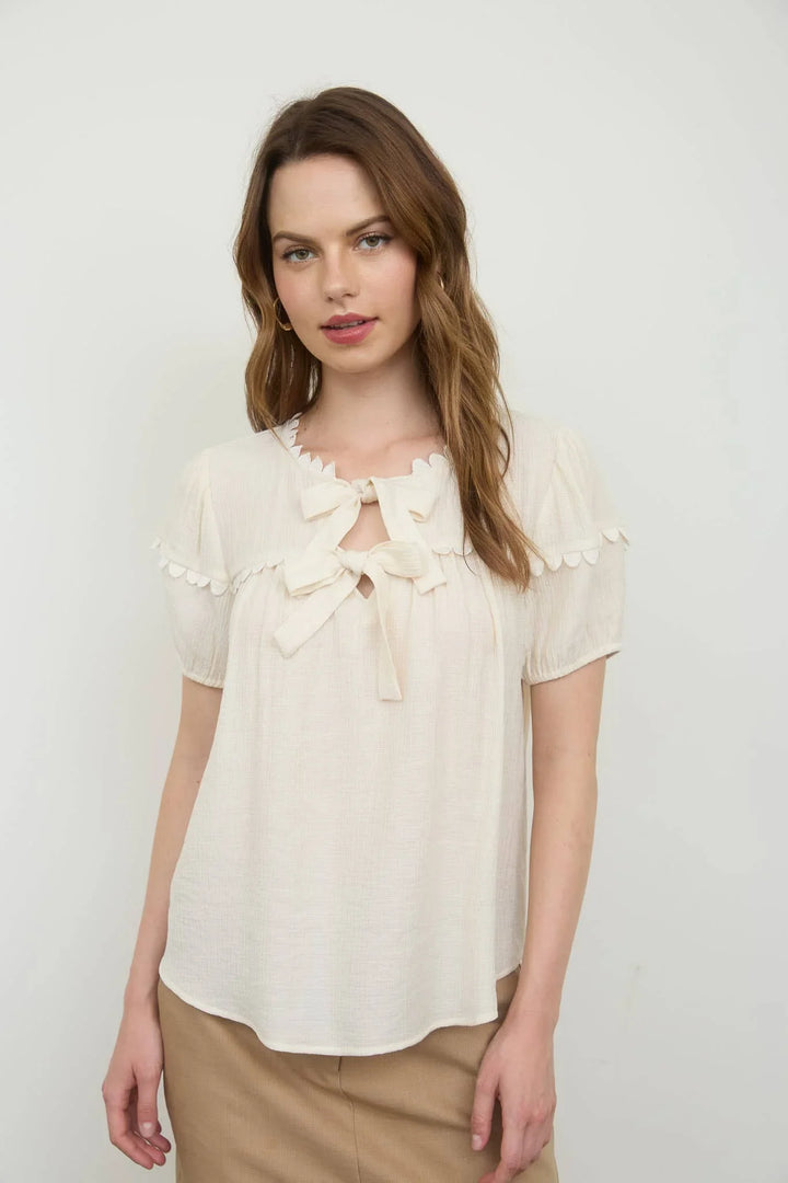 Women's Short Sleeve - SCALLOP TRIM FRONT TIE DETAIL PUFF SLEEVE TOP - - Cultured Cloths Apparel