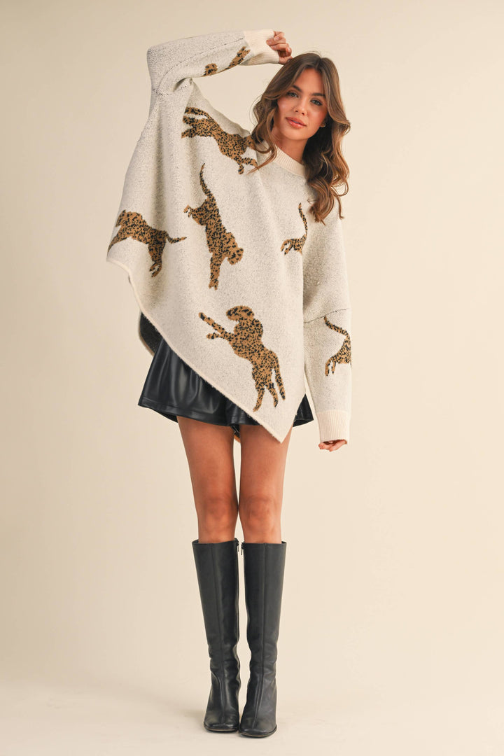 CHEETAH PRINT OVERSIZED MOCK NECK SWEATER TOP
