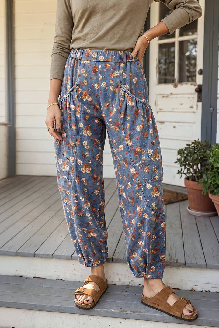 Retro Floral Elastic Waist Pocketed Barrel Jeans (4-16)