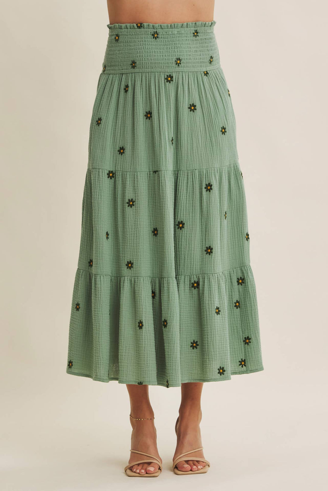 Women's Skirts - SUNSET FIELD EMBROIDERED COTTON GAUZE SMOCKED MIDI SKIRTS - M - Cultured Cloths Apparel