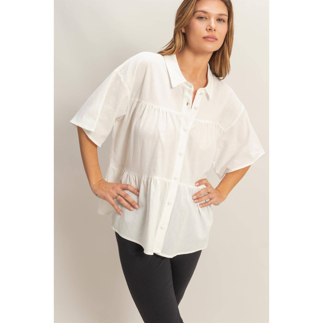 Women's Short Sleeve - Button-Front Tiered Top - - Cultured Cloths Apparel