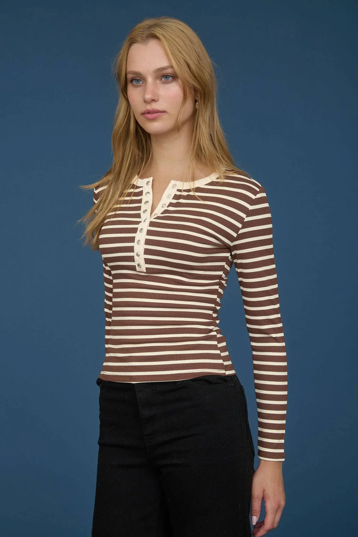 Women's Long Sleeve - STRIPE SNAP BUTTON HENLEY RIB KNIT TOP - - Cultured Cloths Apparel