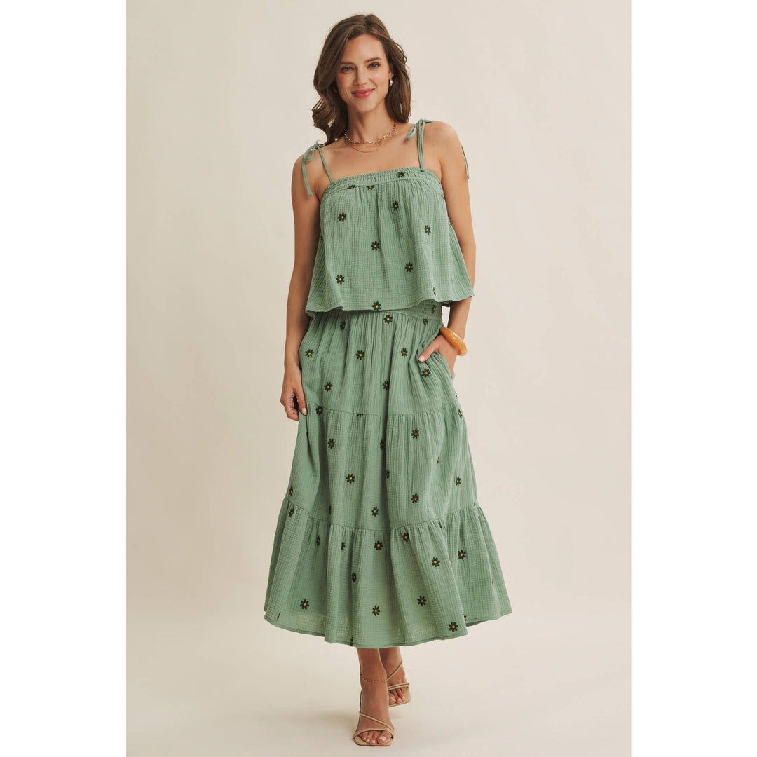 Women's Skirts - SUNSET FIELD EMBROIDERED COTTON GAUZE SMOCKED MIDI SKIRTS - - Cultured Cloths Apparel