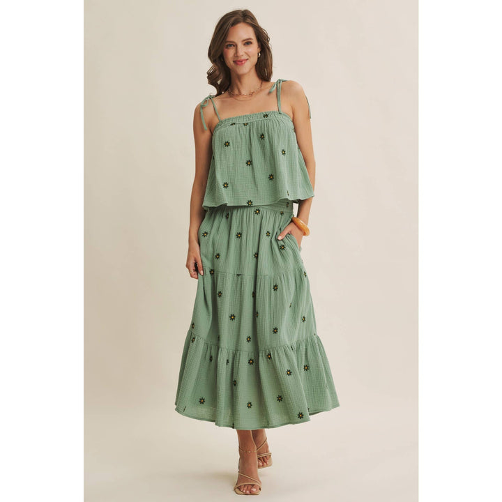Women's Skirts - SUNSET FIELD EMBROIDERED COTTON GAUZE SMOCKED MIDI SKIRTS - - Cultured Cloths Apparel