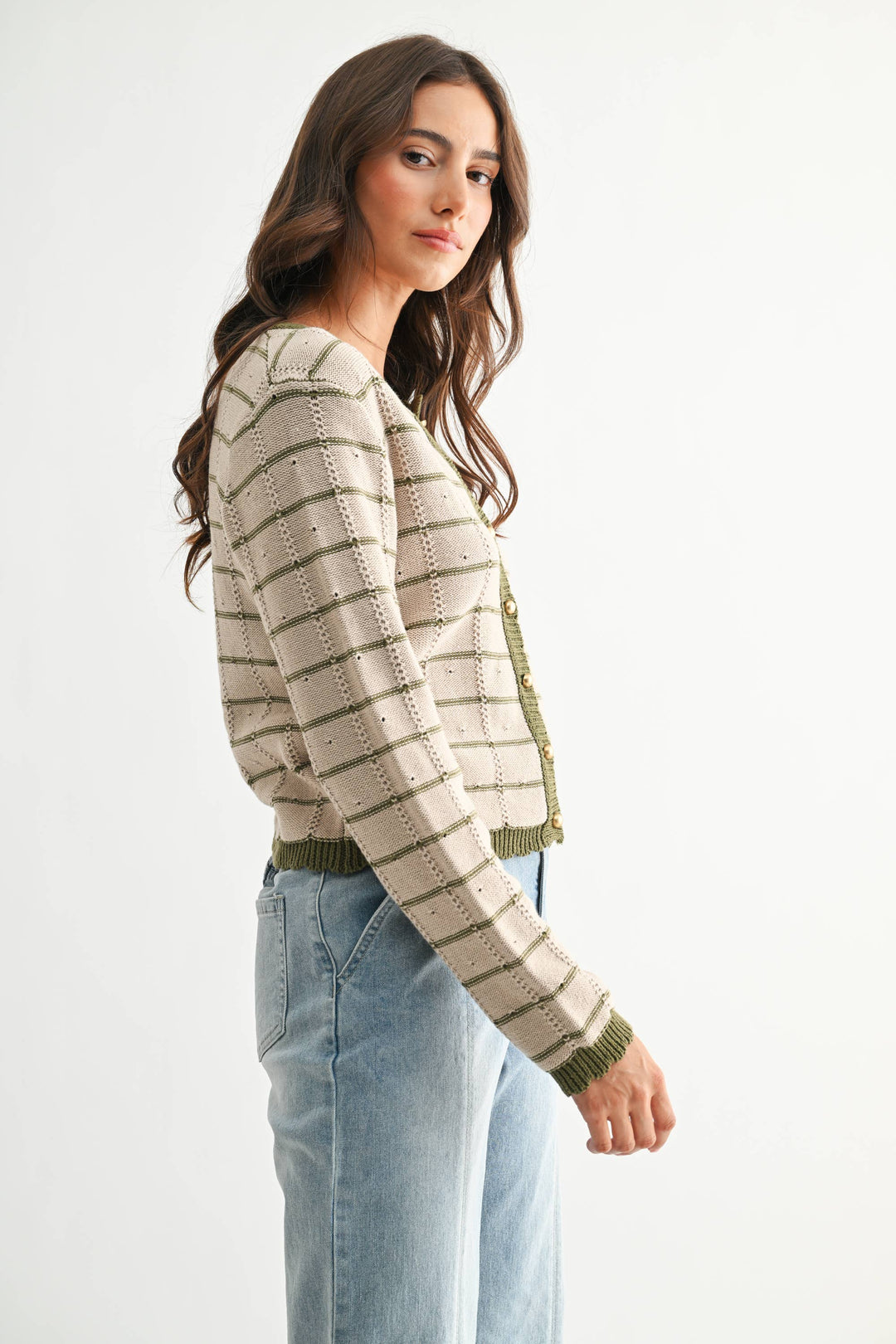 Olive Trim Button-Up Cardigan