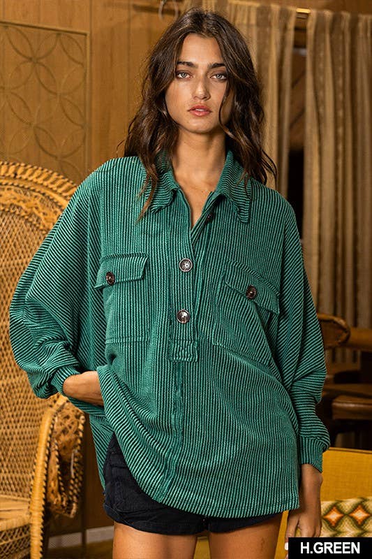 T1578-3 Solid Texture Knit Collared Loose Fit Top