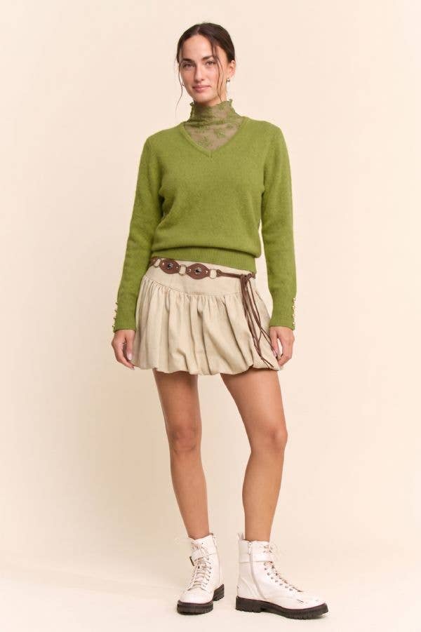 Lace High-Neck Layered V-Neck Sweater