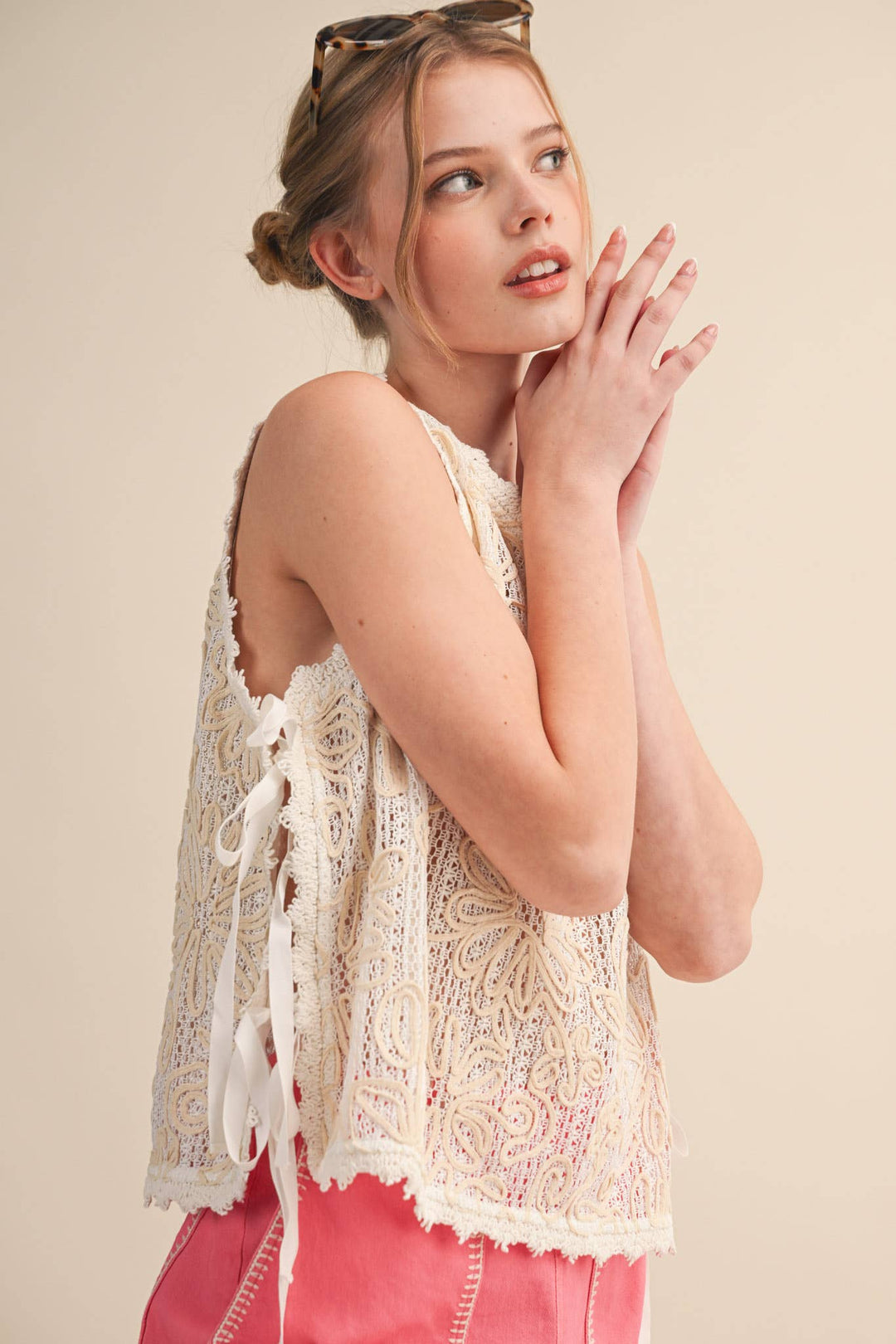- FLORAL CROCHET TANK WITH SIDE TYING DETAIL MTP4770 - - Cultured Cloths Apparel