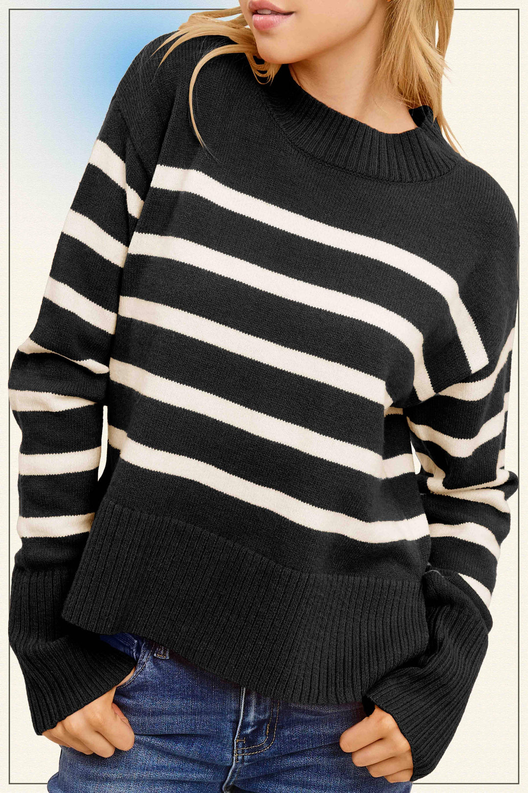 Striped Mock Neck Dolman Sleeve Loose Fit Sweater
