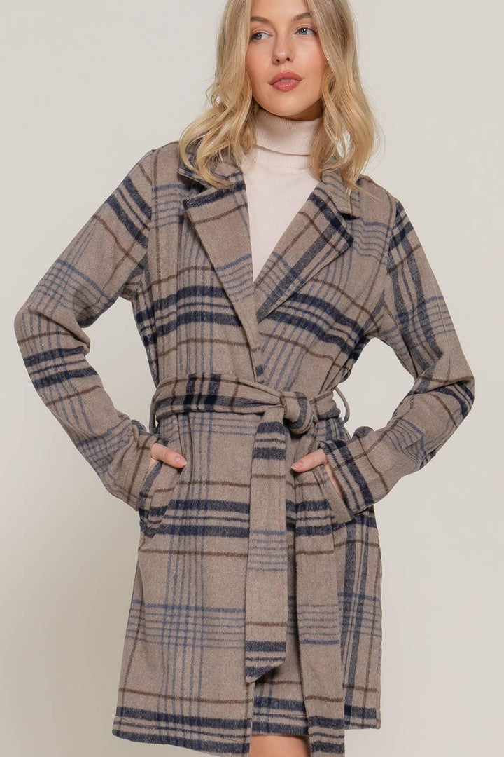 Outerwear - Long Sleeve Notched Collar with Waist Belt Plaid Jacket - - Cultured Cloths Apparel