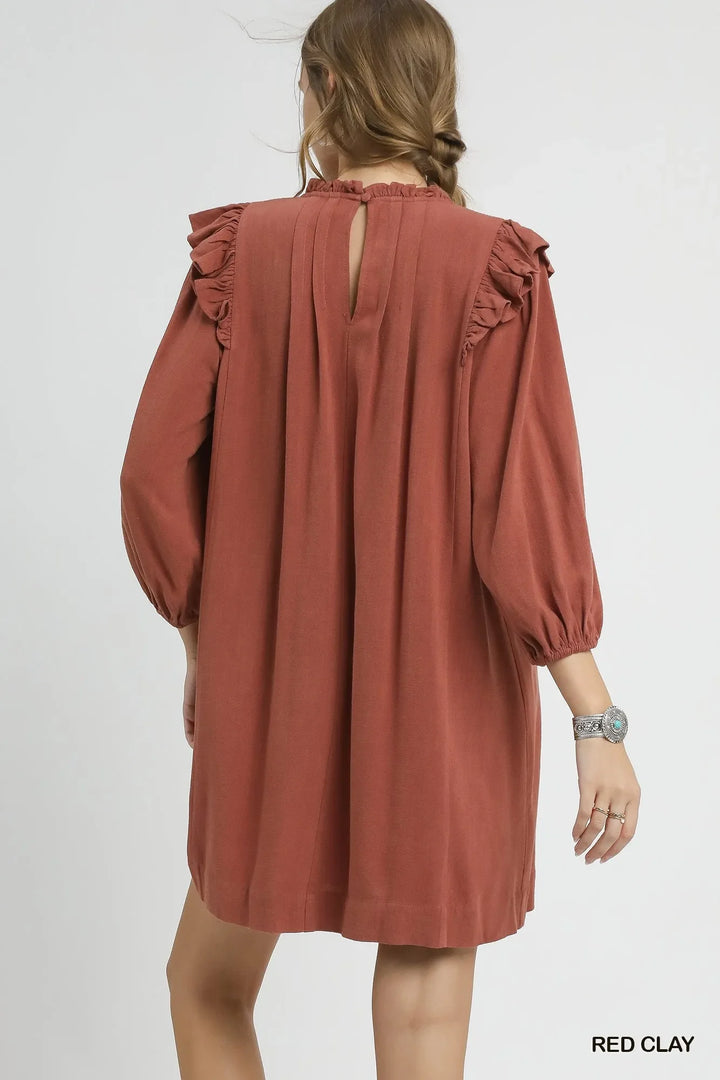 Women's Dresses - Umgee Linen Ruffle Shoulder Pleated Babydoll Dress - - Cultured Cloths Apparel