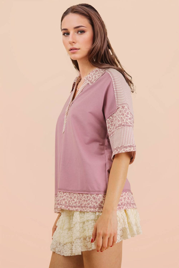 Women's Short Sleeve - Oversized Half Button Down Collared Knit Top - - Cultured Cloths Apparel