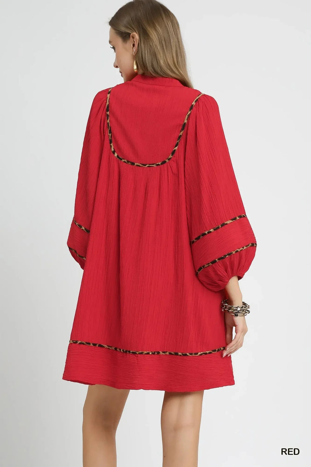 Women's Dresses - Umgee Textured Babydoll Dress with Leopard Trim - - Cultured Cloths Apparel