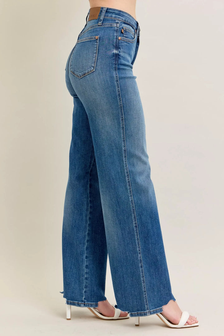 Denim - Judy Blue Full Size High Waist Tummy Control Chew Hem Destroy Wide Jeans Plus Size - - Cultured Cloths Apparel