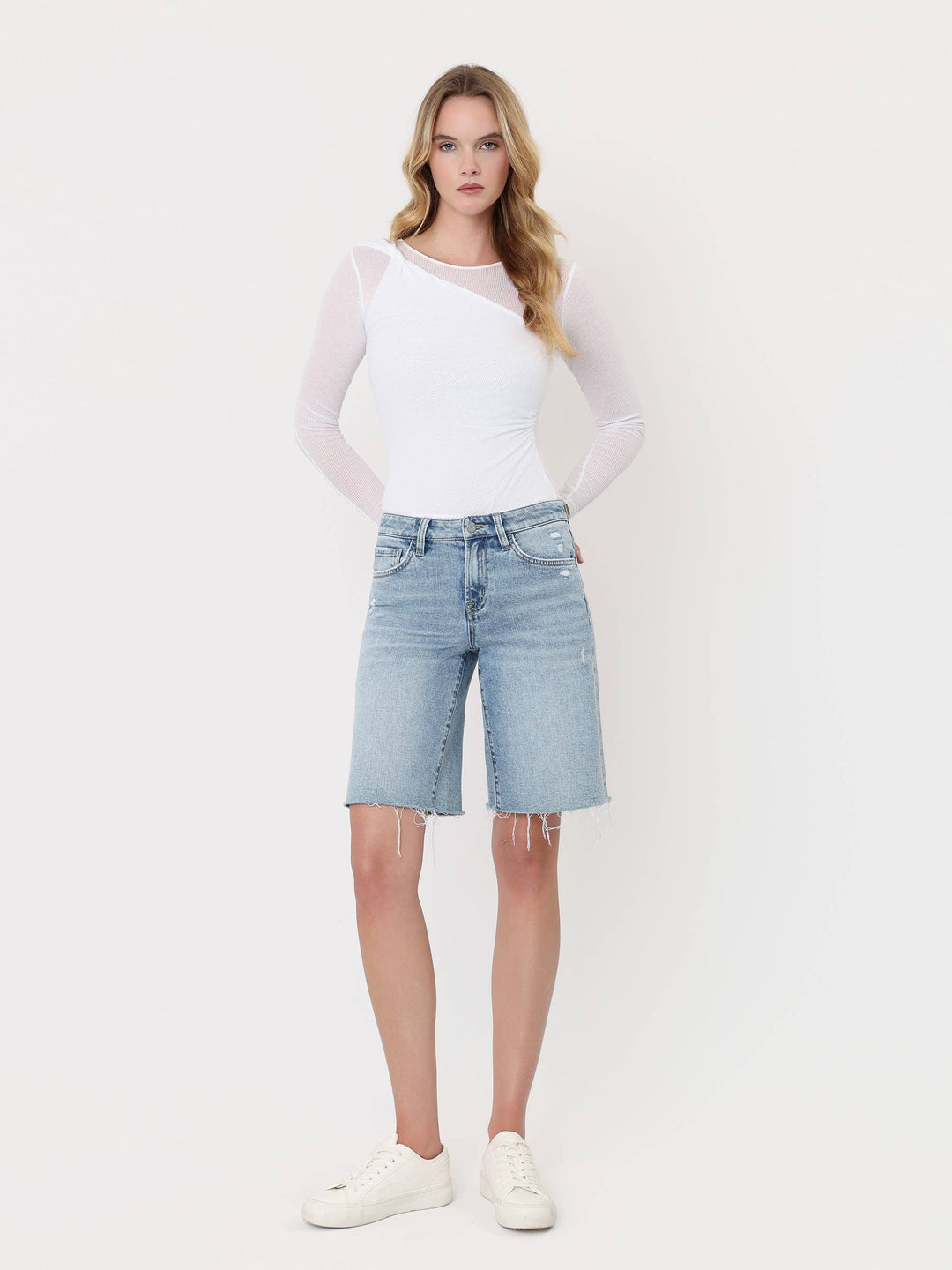 Denim - MID RISE RAW HEM LIGHT WASH DENIM JORTS - - Cultured Cloths Apparel